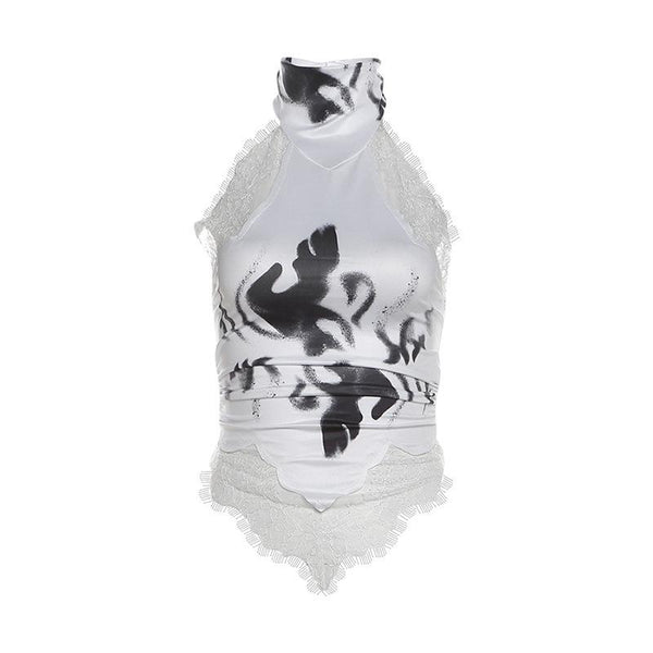 Halter button lace hem print backless top