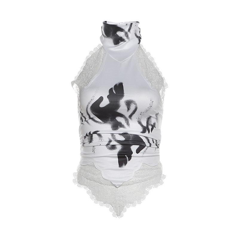 Halter button lace hem print backless top