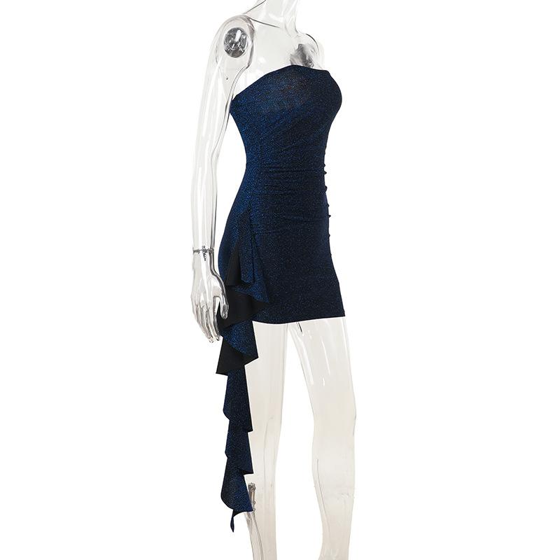 Mini-robe tube dos nu irrégulière à volants et froncés 