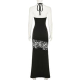 Robe longue fendue en dentelle à col carré et à nouer soi-même 