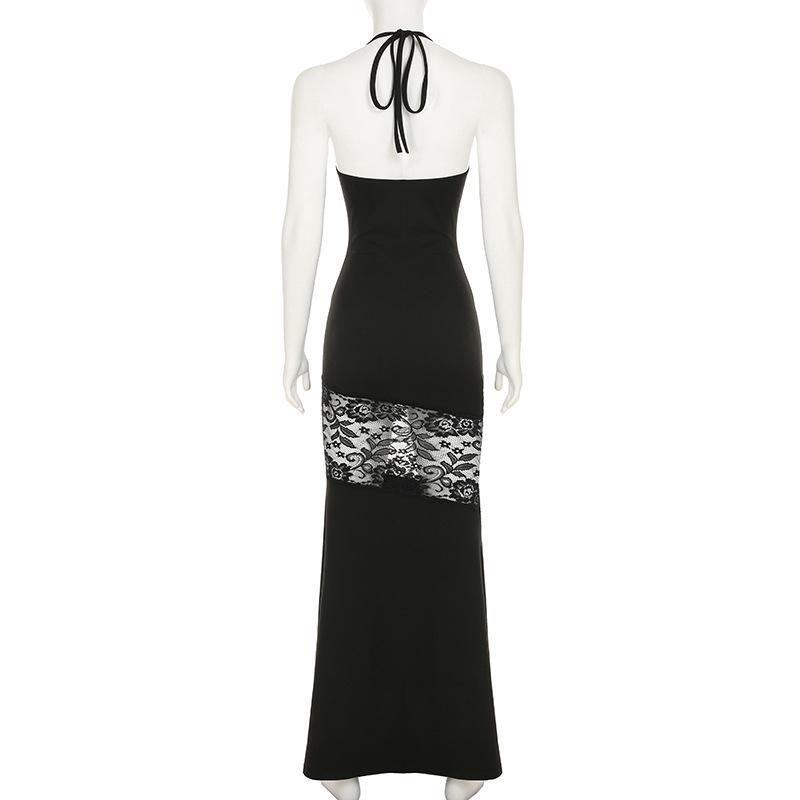 Robe longue fendue en dentelle à col carré et à nouer soi-même 