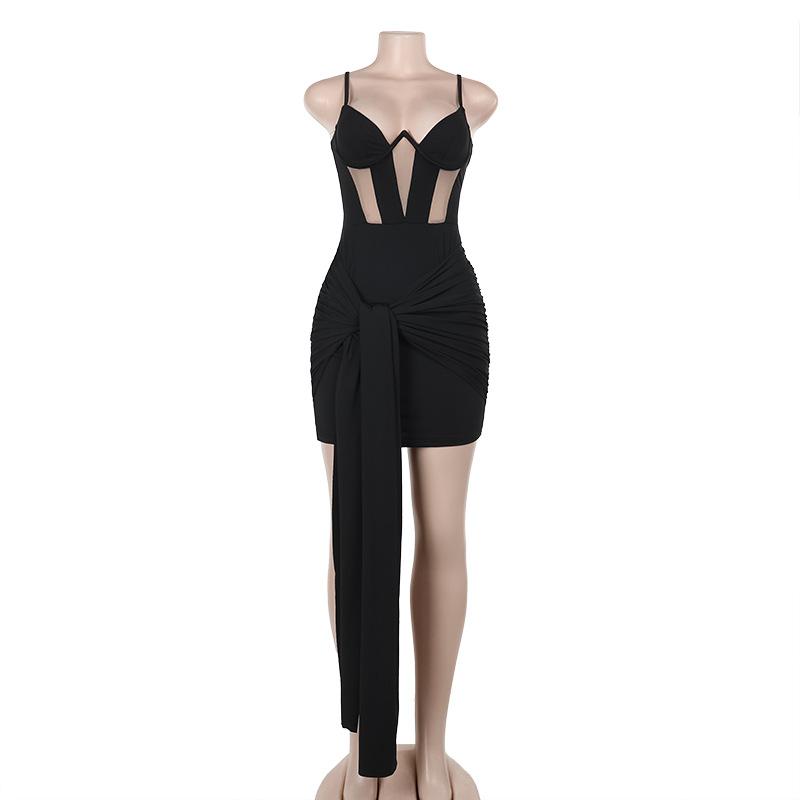 Vestido mini camisola sin espalda de malla fruncida 