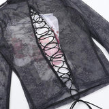 Long sleeve high neck lace up sheer mesh print top