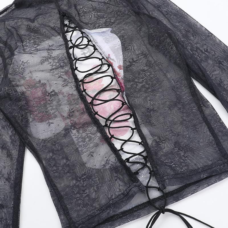 Long sleeve high neck lace up sheer mesh print top