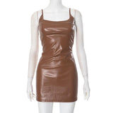 U neck PU leather zip-up backless solid mini dress