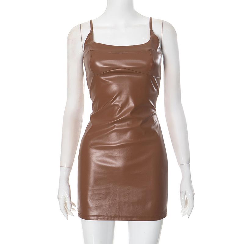 U neck PU leather zip-up backless solid mini dress