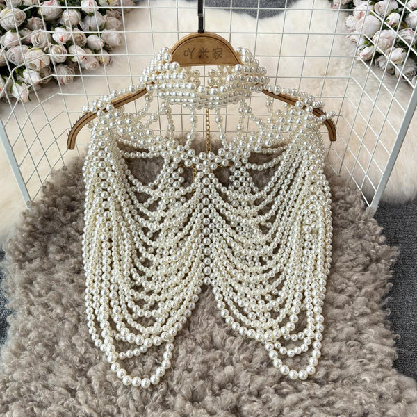 Beaded high neck hollow out metal chain top