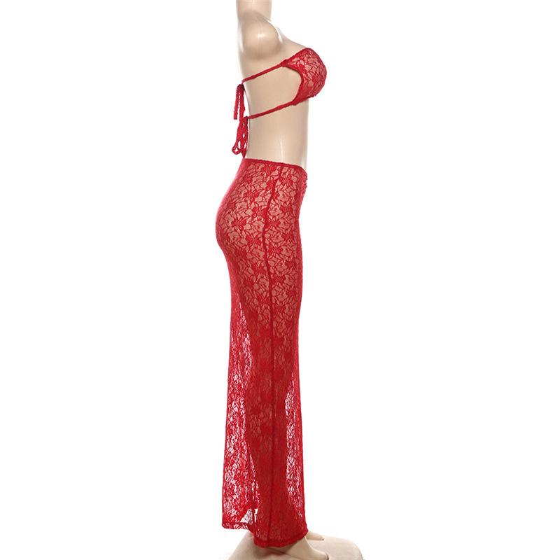 Conjunto de falda larga transparente con nudo fruncido y encaje anudado 