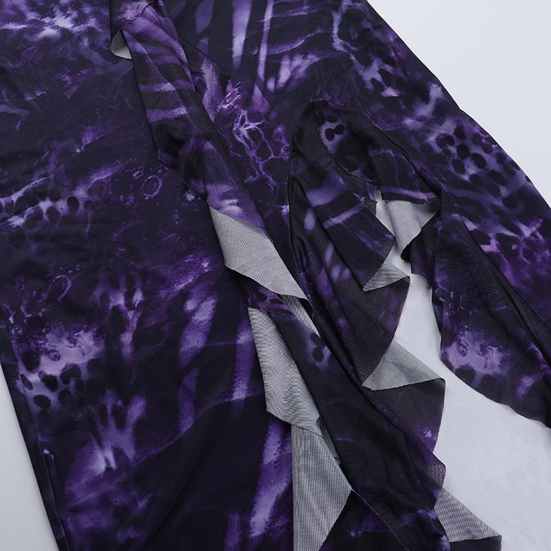 Robe longue à bretelles spaghetti fendues et à volants avec imprimé croisé dans le dos 