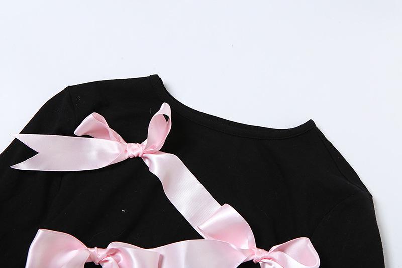 Long sleeve bowknot crewneck applique crop top