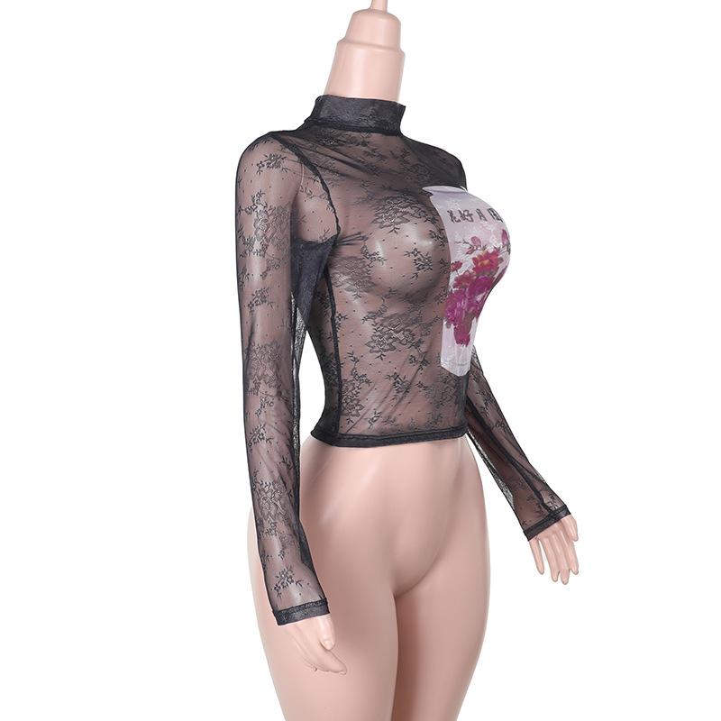 Long sleeve high neck lace up sheer mesh print top