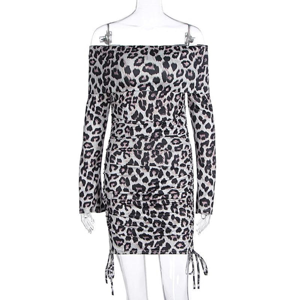 Long sleeve leopard print off shoulder ruched mini dress