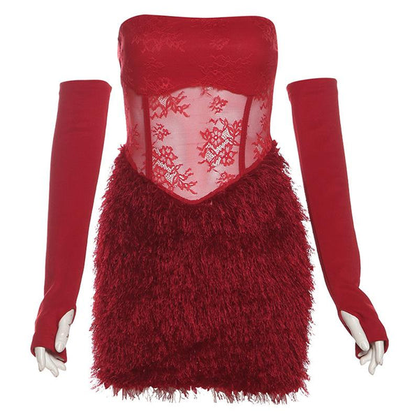 Vestido mini de tubo sin espalda con guantes y estampado de flores esponjosas 
