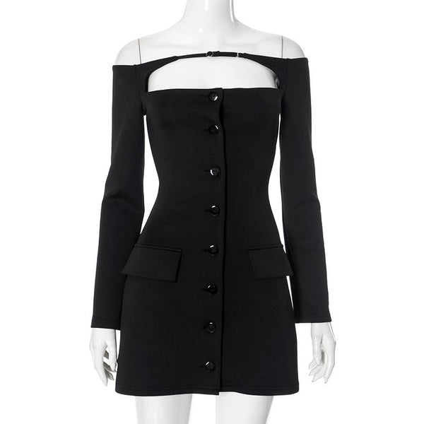 Off shoulder long sleeve button hollow out mini dress