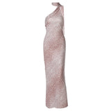 Robe longue contrastée à imprimé léopard et dos nu irrégulier 