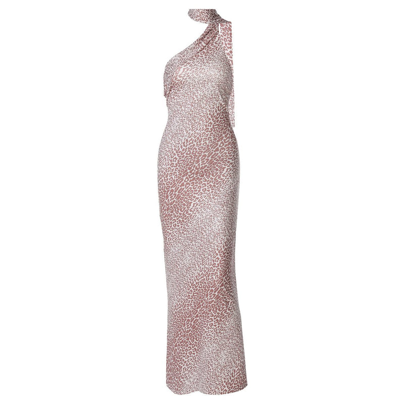 Robe longue contrastée à imprimé léopard et dos nu irrégulier 