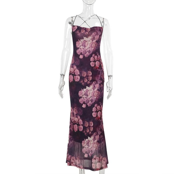 Robe longue à bretelles spaghetti et imprimé floral, col carré et dos croisé 