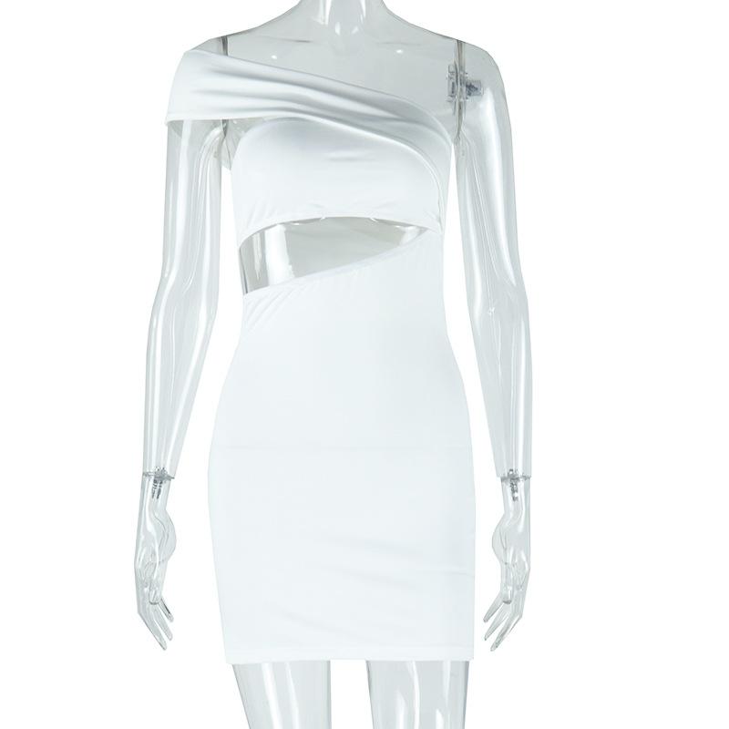 Hollow out irregular one shoulder solid mini dress