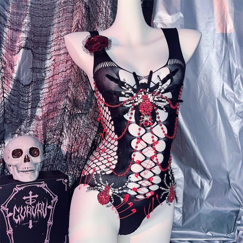 Body à col en U avec appliques en perles ajourées en forme d'araignée 
