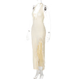 Robe longue unie à volants et col en V avec fente et lien à nouer 