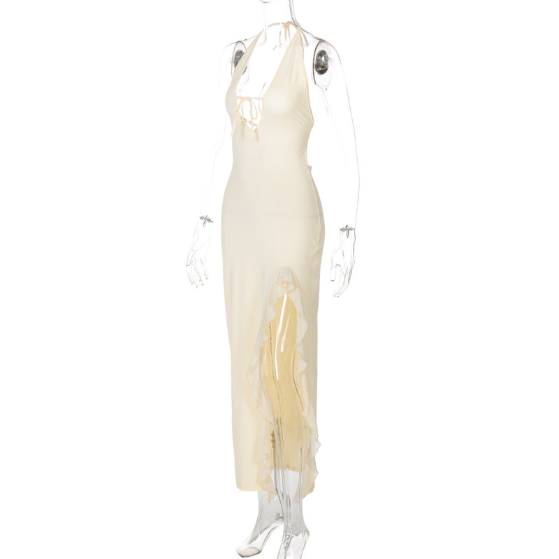 Robe longue unie à volants et col en V avec fente et lien à nouer 