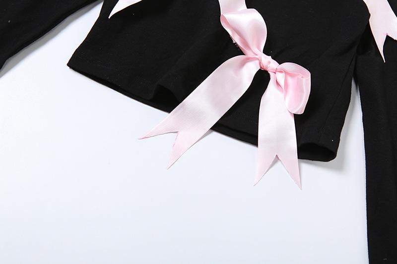 Long sleeve bowknot crewneck applique crop top