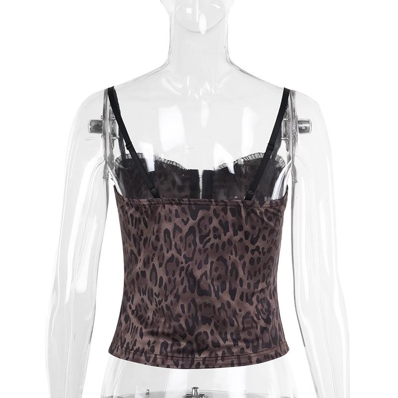 Top camisola sin espalda con volantes y estampado de leopardo con cuello en V 