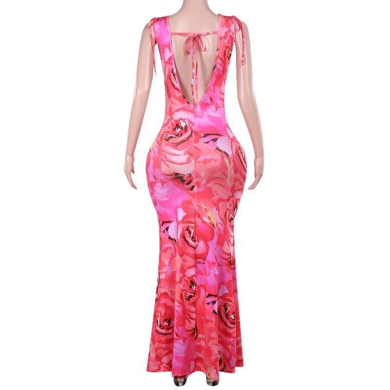 Robe longue dos nu à imprimé fleuri et col bénitier 