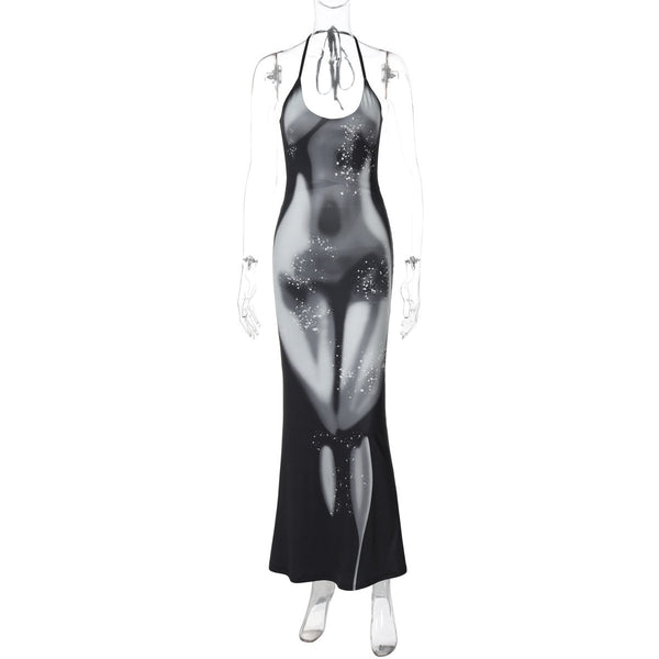 Robe longue à col en U et à nouer soi-même, imprimée sur le corps, avec anneau en O 
