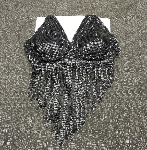 Top con cuello en V, halter, lazo autoadherente, borlas y purpurina 