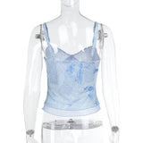 Mesh v neck print backless cami top