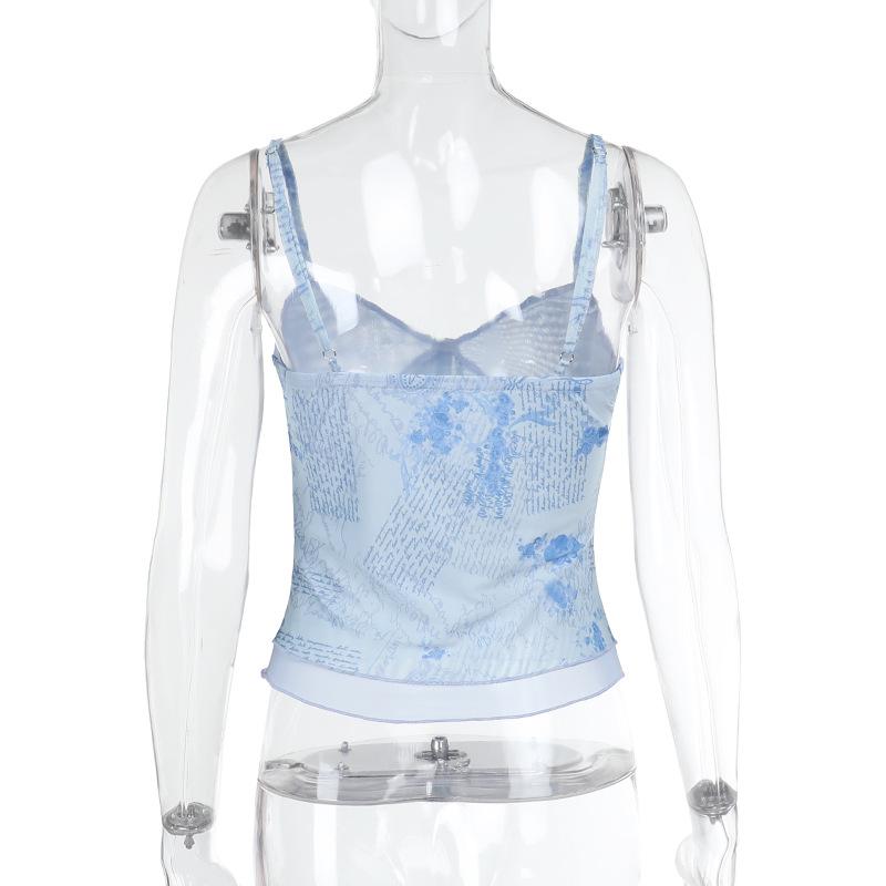 Mesh v neck print backless cami top