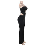 Hollow out lace hem v neck corset cami jumpsuit