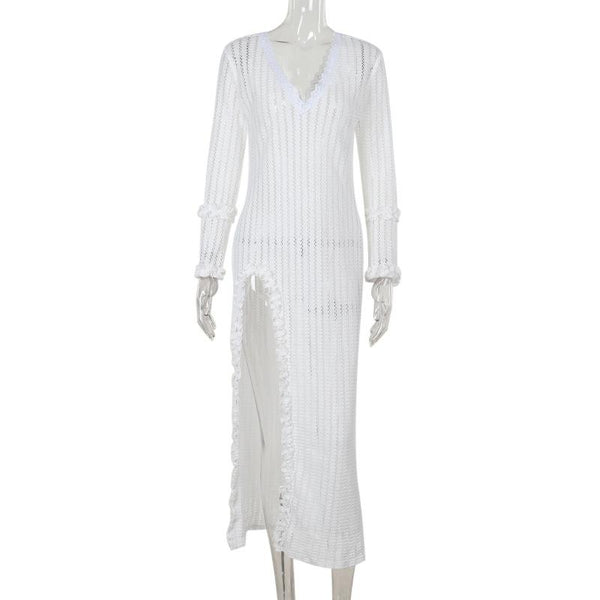 Long sleeve v neck lace slit knitted midi dress