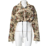 Top con estampado de flores, manga larga, cierre de cremallera y cordón ajustable 