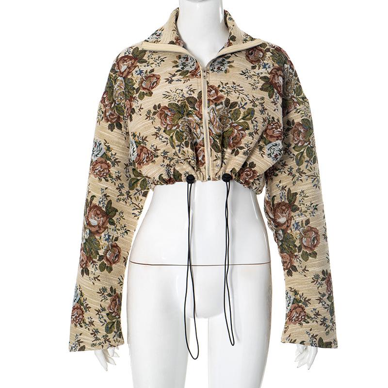 Top con estampado de flores, manga larga, cierre de cremallera y cordón ajustable 