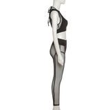 Ensemble pantalon taille moyenne en maille ajourée à col ras du cou 