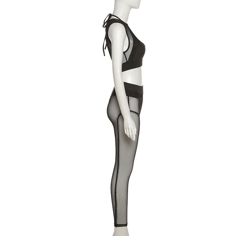 Ensemble pantalon taille moyenne en maille ajourée à col ras du cou 
