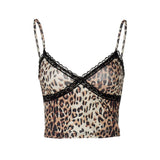 Haut camisole dos nu à imprimé léopard avec ourlet en dentelle et col en V 
