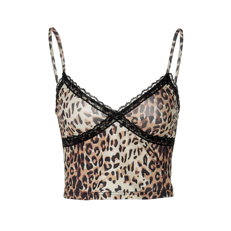 Haut camisole dos nu à imprimé léopard avec ourlet en dentelle et col en V 