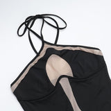 Vestido largo sin espalda con parches de malla y lazo tipo halter 