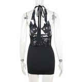 Halter self tie hollow out lace ruched mini dress