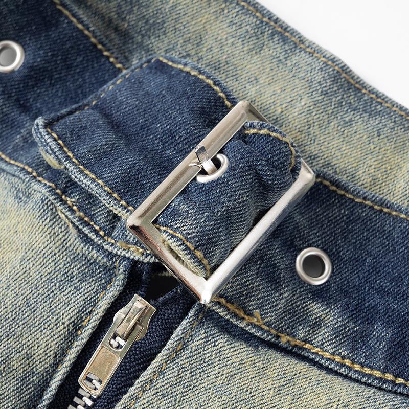 Halter zip-up slit denim buckle raw hem top