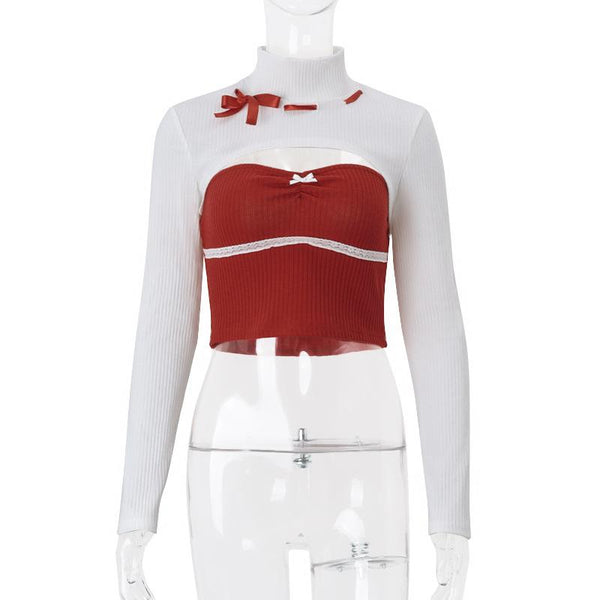Long sleeve high neck bowknot lace hem 2 piece top