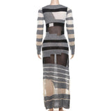 Robe longue à col ras du cou et manches longues en tricot à rayures 