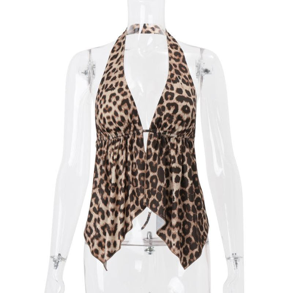 Top con cuello halter, espalda descubierta y lazo con estampado de leopardo 