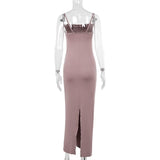 Robe longue à bretelles froncées et col carré uni 
