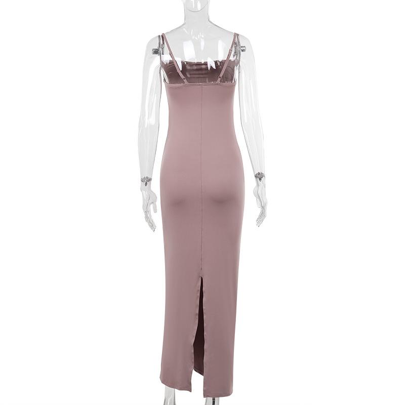 Robe longue à bretelles froncées et col carré uni 
