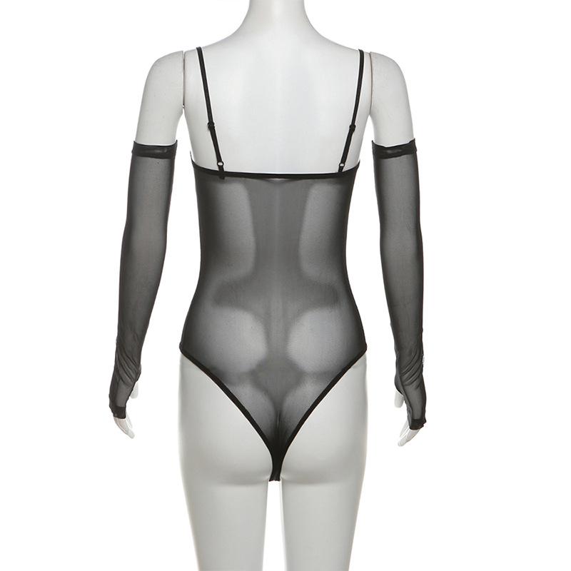 Gloves mesh hollow out button corset cami bodysuit