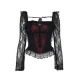 Long sleeve lace hem square neck self tie top